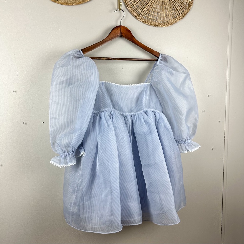 SELKIE The Puff Dress Sheer Blue Babydoll Pinstripe Dress Size Small - Picture 8 of 17